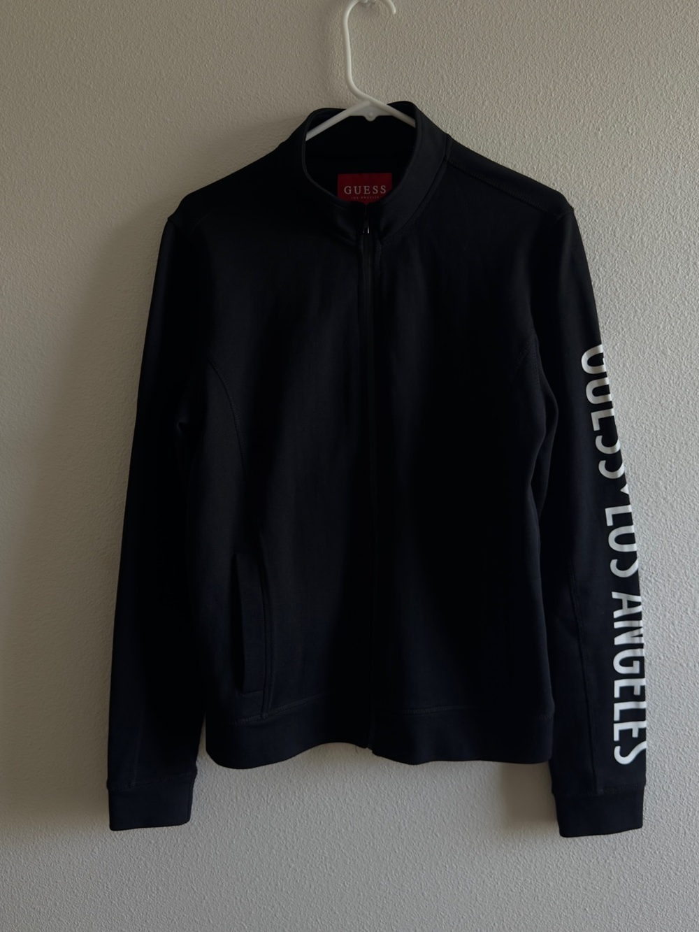 GUESS Black Zip-Up Jacket with White Sleeve Text